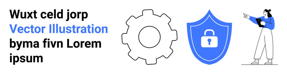 Gear mechanism, shield with lock icon, person presenting on tablet. Ideal for cybersecurity, technology, digital tools, data encryption, system process, team collaboration simple landing page