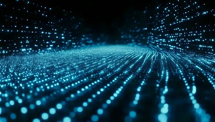Abstract digital background with blue glowing grid lines and light particles on a dark black space, an AI technology concept. 