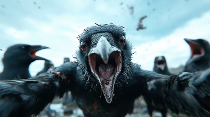 A group of crows display their chaotic feathers and intense expressions, capturing the raw emotion and intrigue of nature's winged creatures in a hauntingly beautiful manner.