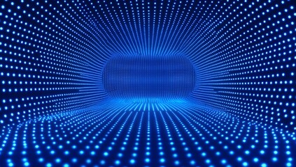 Abstract digital background with blue glowing grid lines and light particles on a dark black space, an AI technology concept. 