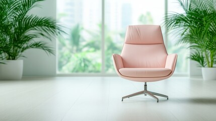 This minimalist pink chair offers a cozy and inviting touch to a bright room filled with lush greenery, balancing modern design with the warmth of nature for a serene atmosphere.