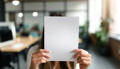 A woman holds a blank sheet of paper in an office setting, ready for your message or design.