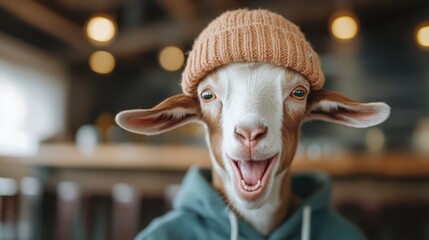 A cheerful goat donning a knitted hat brings a whimsical touch to a café setting, embodying charm and lightheartedness while captivating onlookers with its personality.