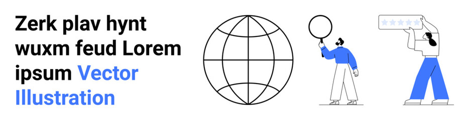 Globe with grid lines, person using magnifying glass, another reviewing feedback, minimalist design. Ideal for global communication, research, technology, creativity, education user experience