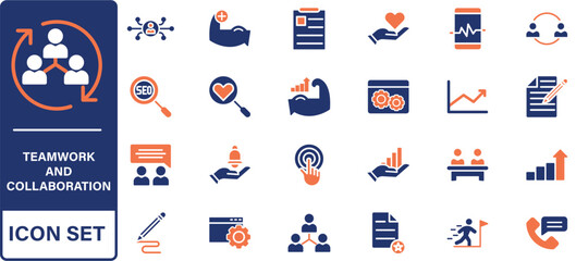 Teamwork and collaboration icon set. Thin line editable stroke icons for teams, leadership, meetings, project management, brainstorming, team growth, support, partnership and remote work.