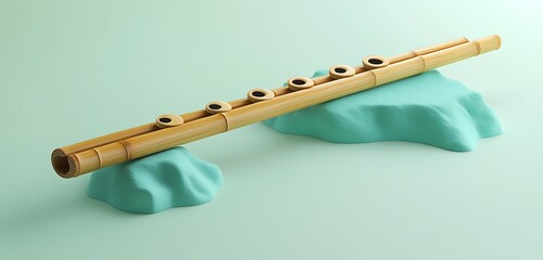 Handcrafted bamboo flute displayed on a minimalistic light turquoise setting