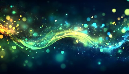 Abstract glowing blue and green energy waves on a dark background with a bokeh effect, a futuristic technology concept. Abstract glowing waves of light, flowing lines.