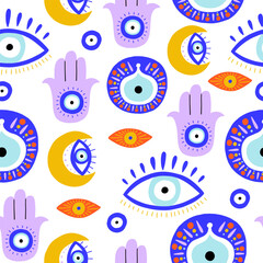 Blue abstract turkish evil eye seamless pattern. Greek magic astrology design. Vector background