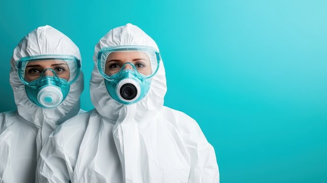 Two health professionals wearing full protective gear stand ready in response to a health crisis, emphasizing the importance of safety and hygiene in medical settings.