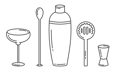 Bartender tools cocktail icons set.Simple bar equipment thin line style.Editable stroke.Cocktail Shaker, Glass, Jigger, Bar Spoon, Strainer.Ideal for Menu, Bar Posters.Vector illustration EPS10.