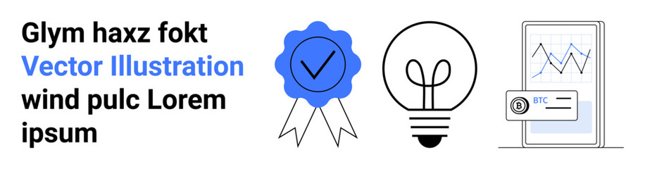 Award ribbon with checkmark, lightbulb symbolizing innovation, smartphone displaying financial graph and BTC card. Ideal for business, achievement, innovation, technology, cryptocurrency, mobile