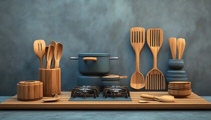 Handcrafted wooden cooking utensils and a stove setup, emphasized with a cool blue-gray theme