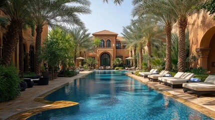 Fototapeta premium Luxury Resort Poolside Oasis: Tranquil Escape in a Moroccan-Inspired Villa