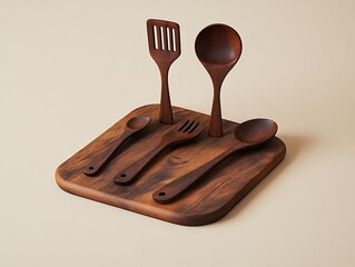 Hand-finished dark teak stove utensils on a clean beige background