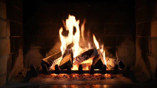 Burning wood in a brick fireplace with metal grate insert.