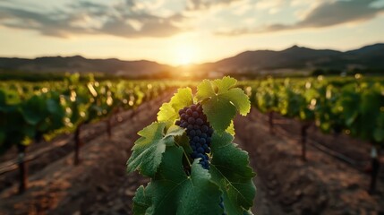 A picturesque vineyard bathed in the warm glow of sunset showcases plump bunches of grapes ready for harvest, embodying the essence of viticulture and natural beauty.