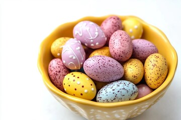 Fototapeta premium Multicoloured chocolate Easter eggs in a yellow bowl on a white background