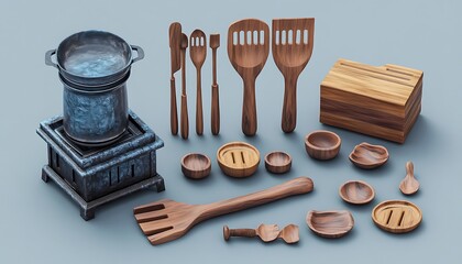 Handcrafted wooden cooking utensils and a stove setup, emphasized with a cool blue-gray theme