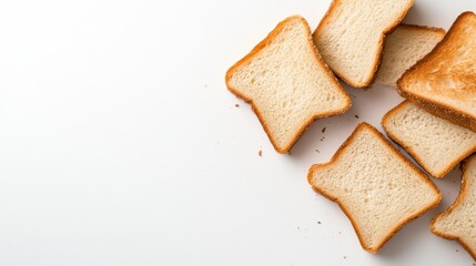An array of freshly toasted slices of bread is elegantly arranged against a clean white background, perfect for breakfast concepts, food styling, and culinary presentations that invite appetite.