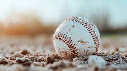 A baseball lies on a sunlit dirt field, capturing the spirit of summer sports and leisure, evoking nostalgia and excitement for the game of baseball.