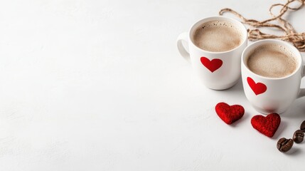 Two cozy coffee cups adorned with heart designs create a warm and inviting atmosphere, perfect for sharing moments filled with love and companionship.