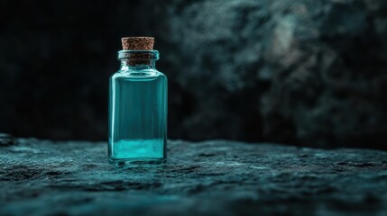 A solitary glass bottle with a cork stands on a textured rock surface, evoking mystery and a sense of exploration, perfect for themes of journey and discovery.