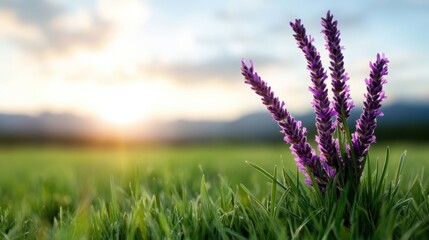 A stunning display of lavender flowers stands tall against the golden sunrise, reflecting nature's beauty and the tranquility of early morning in a lush green field.