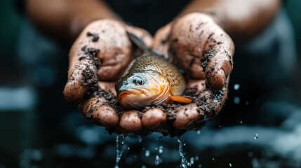 A pair of hands holds a freshly caught fish surrounded by mud, highlighting the relationship between humans and nature through fishing and the joy of the catch.