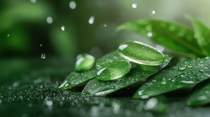 Glittering raindrops rest on vibrant green leaves, capturing the beauty of nature and the refreshing feeling brought by rain in a captivating moment of serenity.