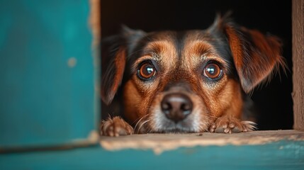 A close-up of an adorable dog gazing thoughtfully through a wooden window frame, capturing a moment of longing and curiosity that evokes emotion and warmth.