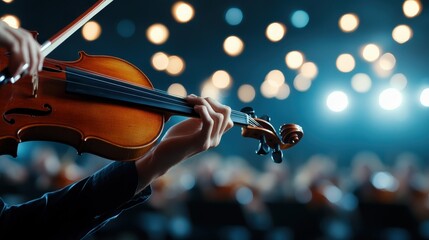 A skilled violinist plays passionately with alluring lights in the background, showcasing the magic of music and art in an engaging performance atmosphere.