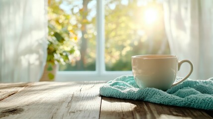 A simple white cup rests on a wooden table near a sunlit window, evoking warmth, comfort, and a moment of serenity found in everyday routines.