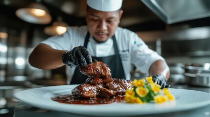 A skilled chef meticulously plating a flavorful dish, showcasing culinary talent and artistry in a professional kitchen environment, emphasizing creativity and passion for cooking.