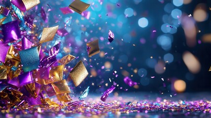 Sparkling purple, confetti blue cascading gold, over dark blurred background, vibrant festive mood for celebration copy space