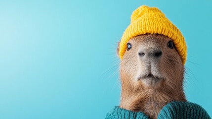 This cute capybara dons a vibrant yellow hat and green sweater, showcasing its adorable and playful side, perfect for warm and charming animal portraits.