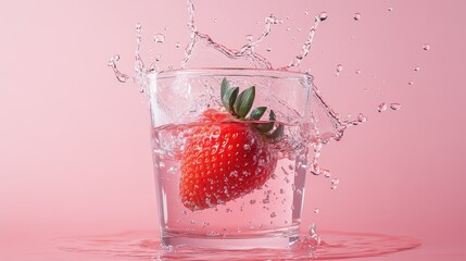 A vibrant strawberry splashing into a glass of water, capturing the freshness and vitality of nature, illustrating a playful interaction between fruit and liquid.