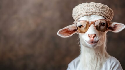 This adorable goat, wearing sunglasses and a knit hat, radiates charm and personality, making for a delightful and whimsical portrait that brings joy to viewers.
