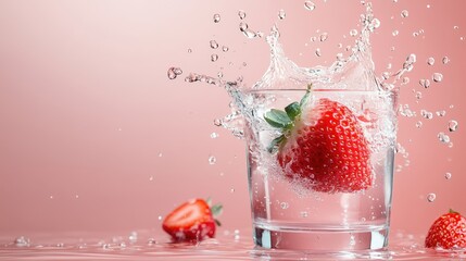 A fresh strawberry splashes into a clear glass of water, creating dynamic droplets and capturing the essence of freshness, vitality, and the joy of summer flavors.