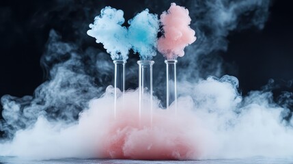 This artistic image features laboratory test tubes filled with colorful smoke, creating a mesmerizing visual effect against a dark backdrop, representing innovation and experimentation.