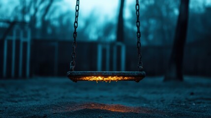 This evocative image depicts an empty swing glowing softly in a quiet park at dusk, symbolizing solitude, nostalgia, and the passage of time in a serene environment.
