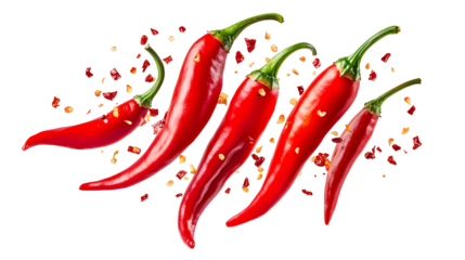 Five red chili peppers with chili flakes on a white background