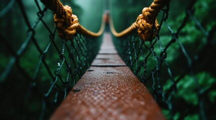 A breathtaking view of a suspended bridge, enveloped in a sea of green foliage, invites the viewer to explore the depths of nature's beauty and adventure, shrouded in mystery.