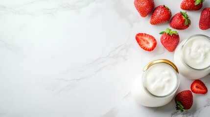 A delectable arrangement featuring creamy yogurt and fresh strawberries set against a smooth marble background, creating a fresh, appetizing visual that invites indulgence.