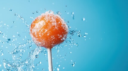 A vivid, energetic splash captured mid-action as a bright orange lollipop is submerged in clear water, symbolizing joy and fun while showcasing vivid colors and fluid dynamics.