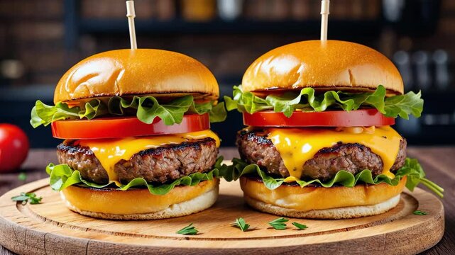 Two burgers on wooden table