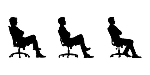 Seated Men In Office Chairs Silhouette Icon Set. Relaxed And Professional Posture Symbol Collection. Workplace And Body Language Reference. Isolated Vector Illustration