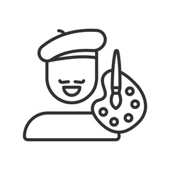 Painter, icon in line design. Painter, paintbrush, easel, artist, painting, canvas, palette on white background vector. Painter, editable stroke icon