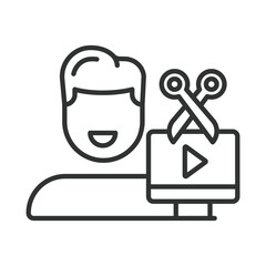 Video editor, icon in line design. Video editor, timeline, cutting, trimming, transitions, effects, color grading on white background vector. Video editor editable stroke icon
