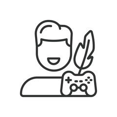 Narrative game designer, icon in line design. Narrative game designer, storytelling, game script, dialogue, game world on white background vector. Narrative game designer editable stroke icon
