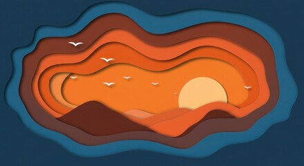 Layered sunset landscape with birds flying